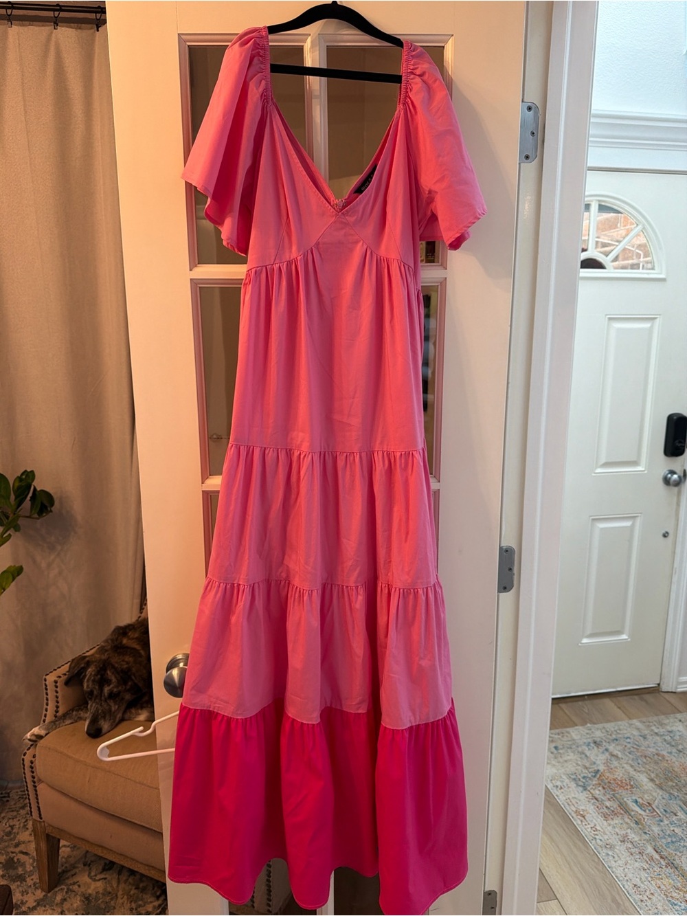 Bright Pink Tiered V-Neck Maxi Dress with Flutter Sleeves